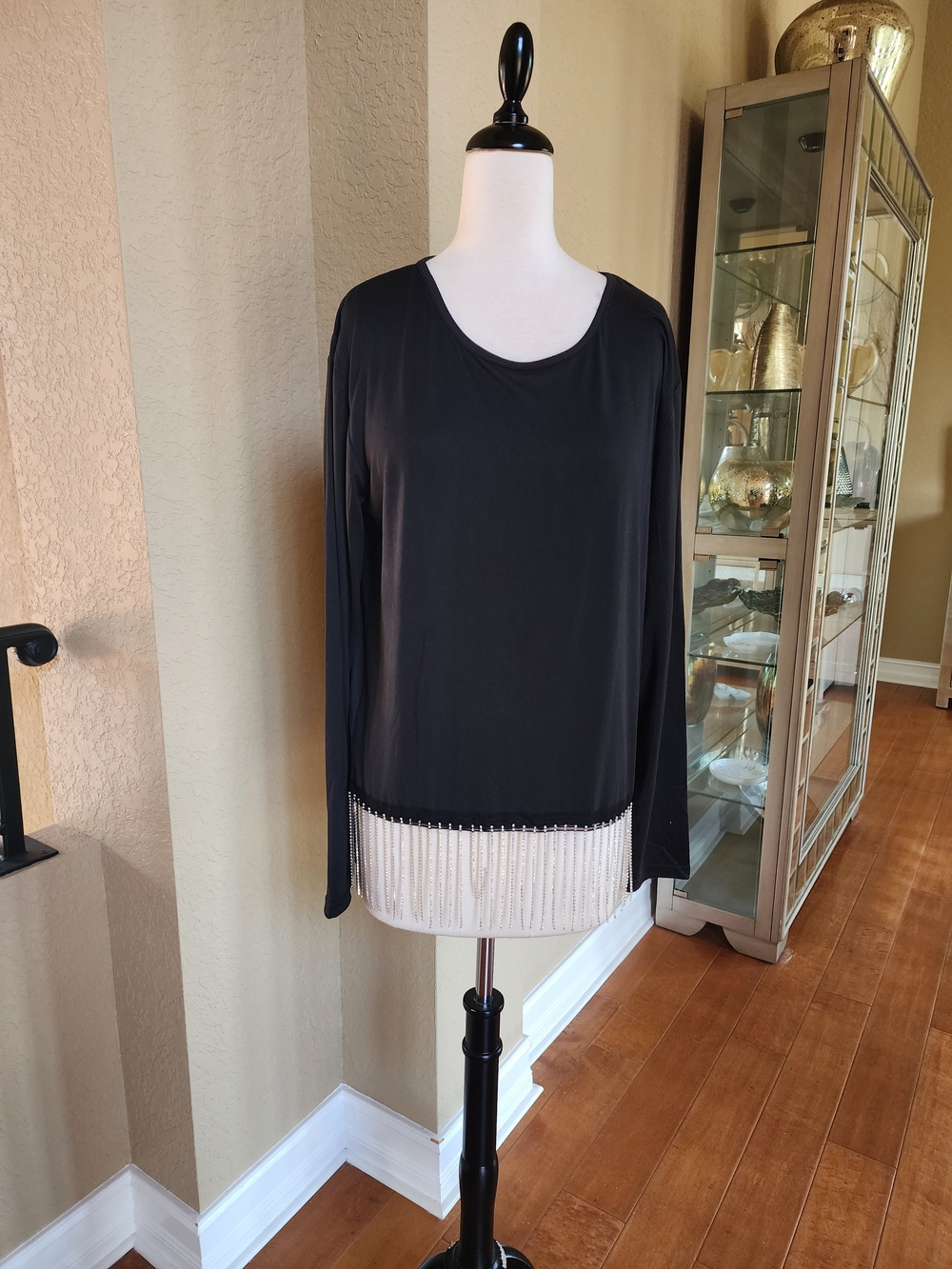 Black Long-Sleeve Top with Beaded Fringe Hem